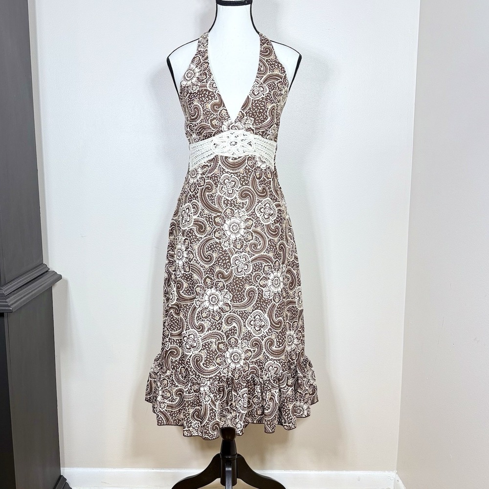 Y2K Speechless Womens Babydoll Halter Midi Dress 11 Brown Floral Paisley Crochet
